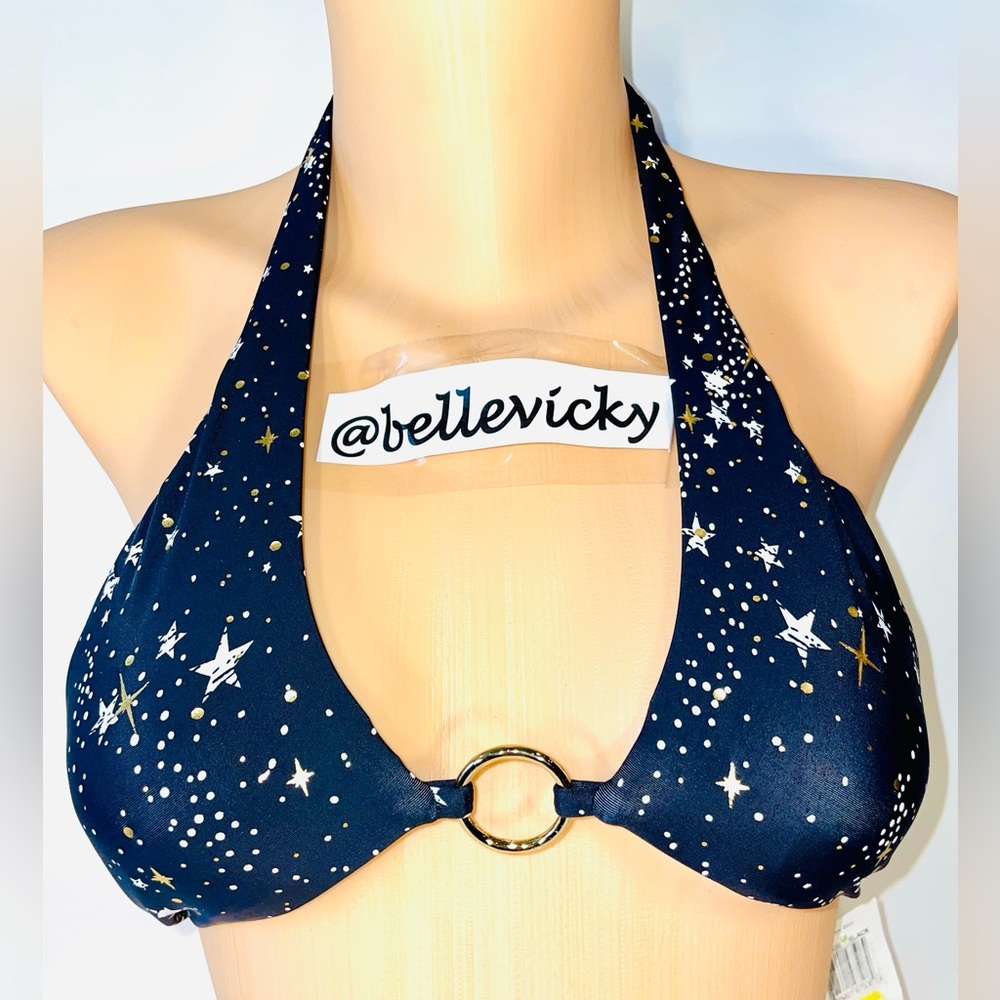 NWT Gianni Bini Black Gold Star Bright X Front Ring Swim Top Sz M $58 E96